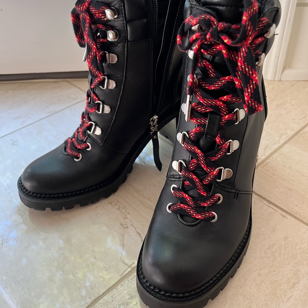 SAM EDELMAN BLACK LEATHER SADE LUG SOLE MOTO COMBAT STYLE BOOTS WOMENS SZ 7